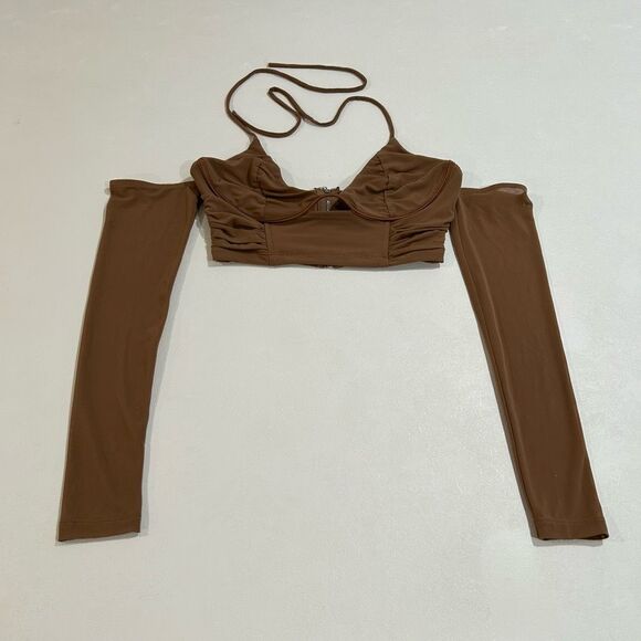 White Fox Boutique Tops - White Fox Brown Off Shoulder Corset Crop Top Size M Long Sleeve Bustier